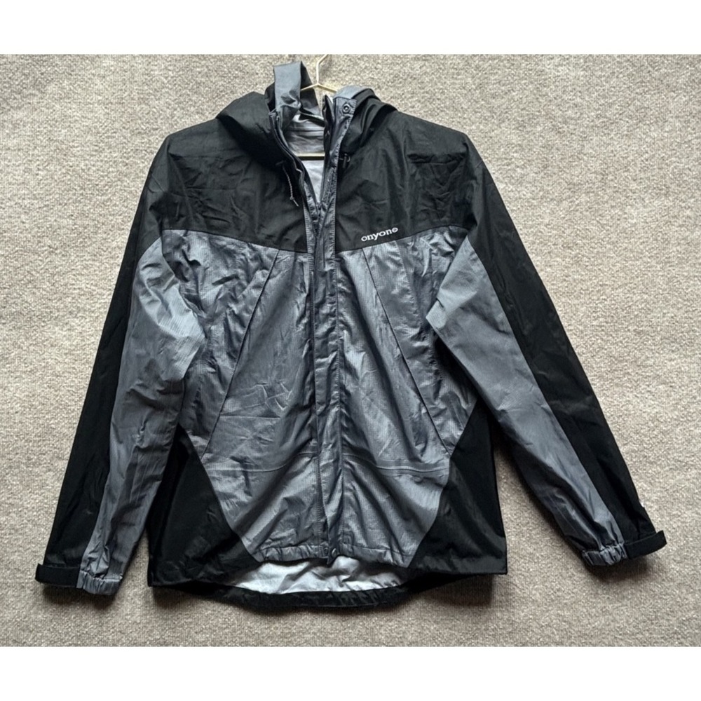 Onyone Lightweight Jacket Windbreaker Hooded Mens L Black / Gray Full Zip *FLAW*